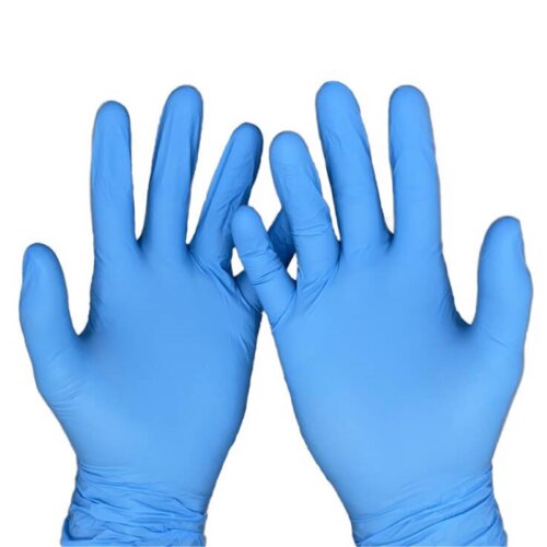Zwei Hände tragen Aldena blaue Nitrilhandschuhe NRB32 für sicheren, hygienischen Schutz im professionellen Einsatz