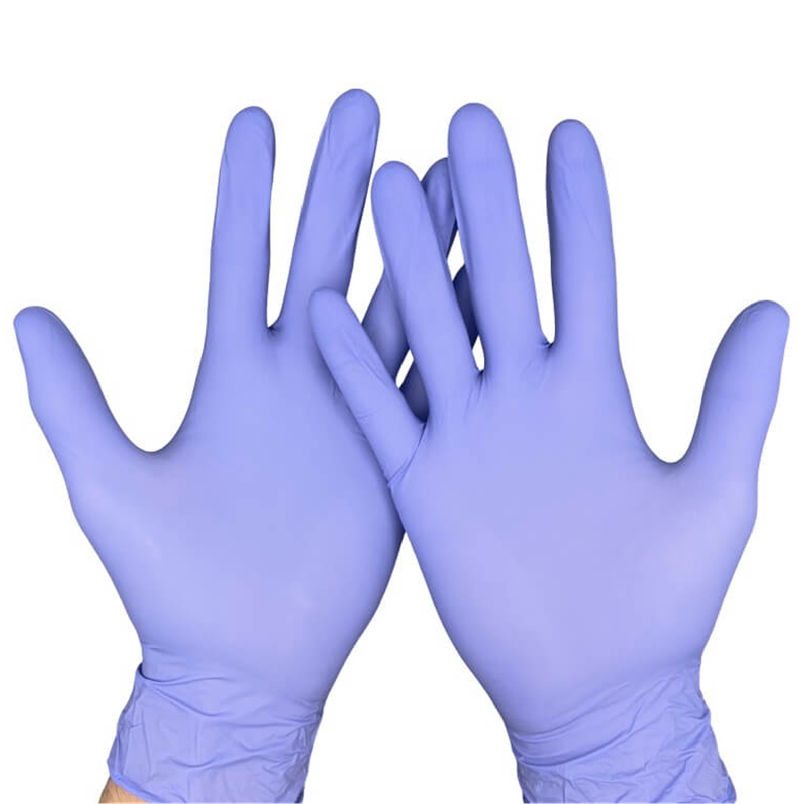 Zwei Hände tragen Aldena violetblaue Nitrilhandschuhe NVB40 für hygienischen und sicheren Schutz im professionellen Einsatz