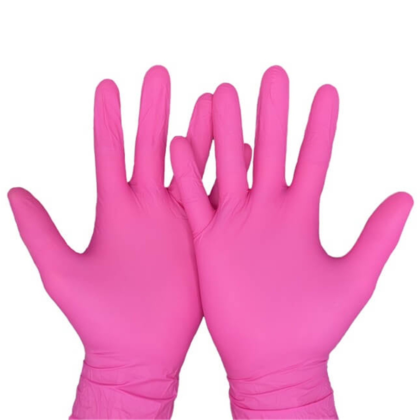 Zwei Hände tragen Aldena pinke Nitrilhandschuhe NPK34 für hygienischen und sicheren Schutz im professionellen Einsatz