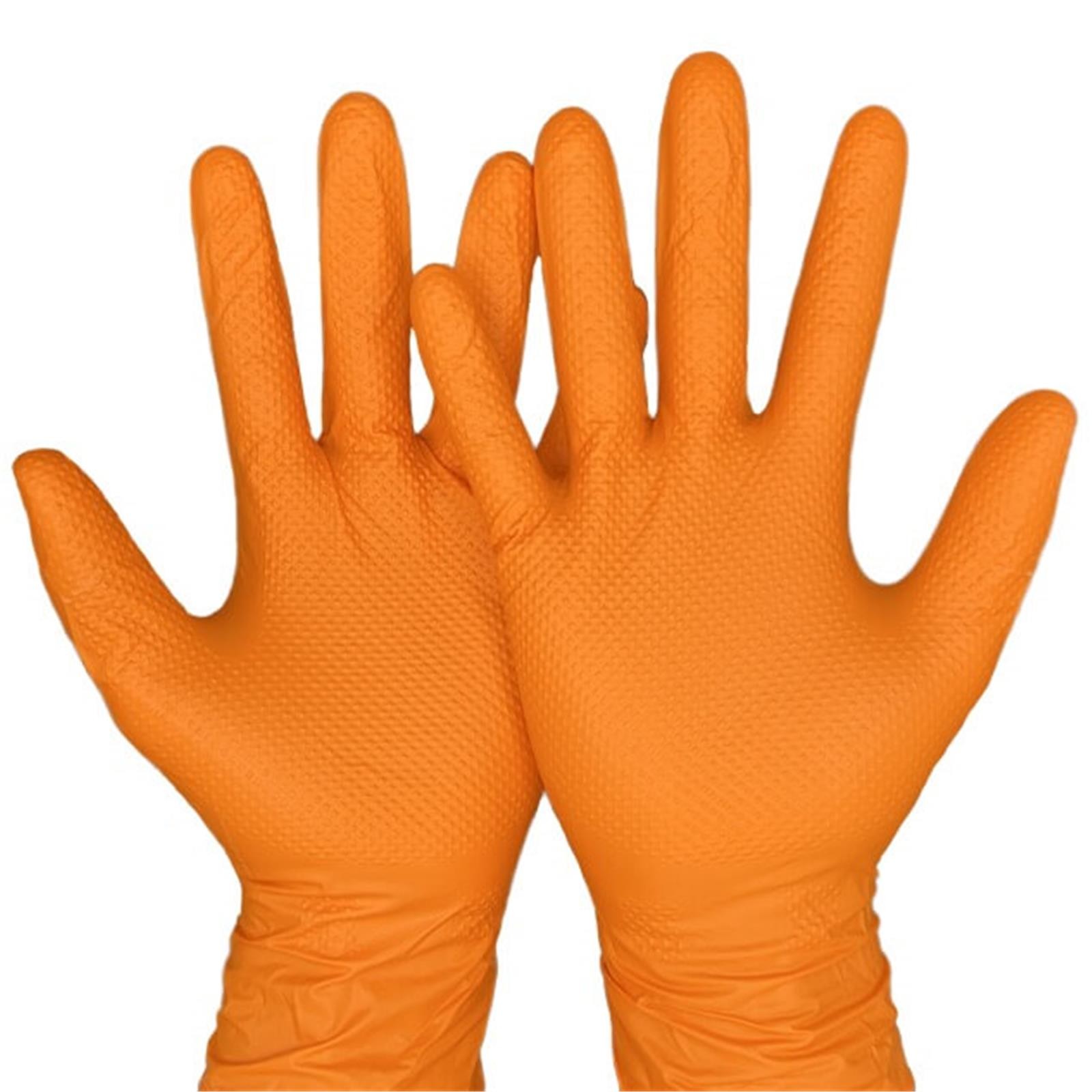 Zwei Hände tragen Aldena orange Nitrilhandschuhe NOR30 mit Diamond Grip für sicheren, hygienischen Schutz im professionellen Einsatz