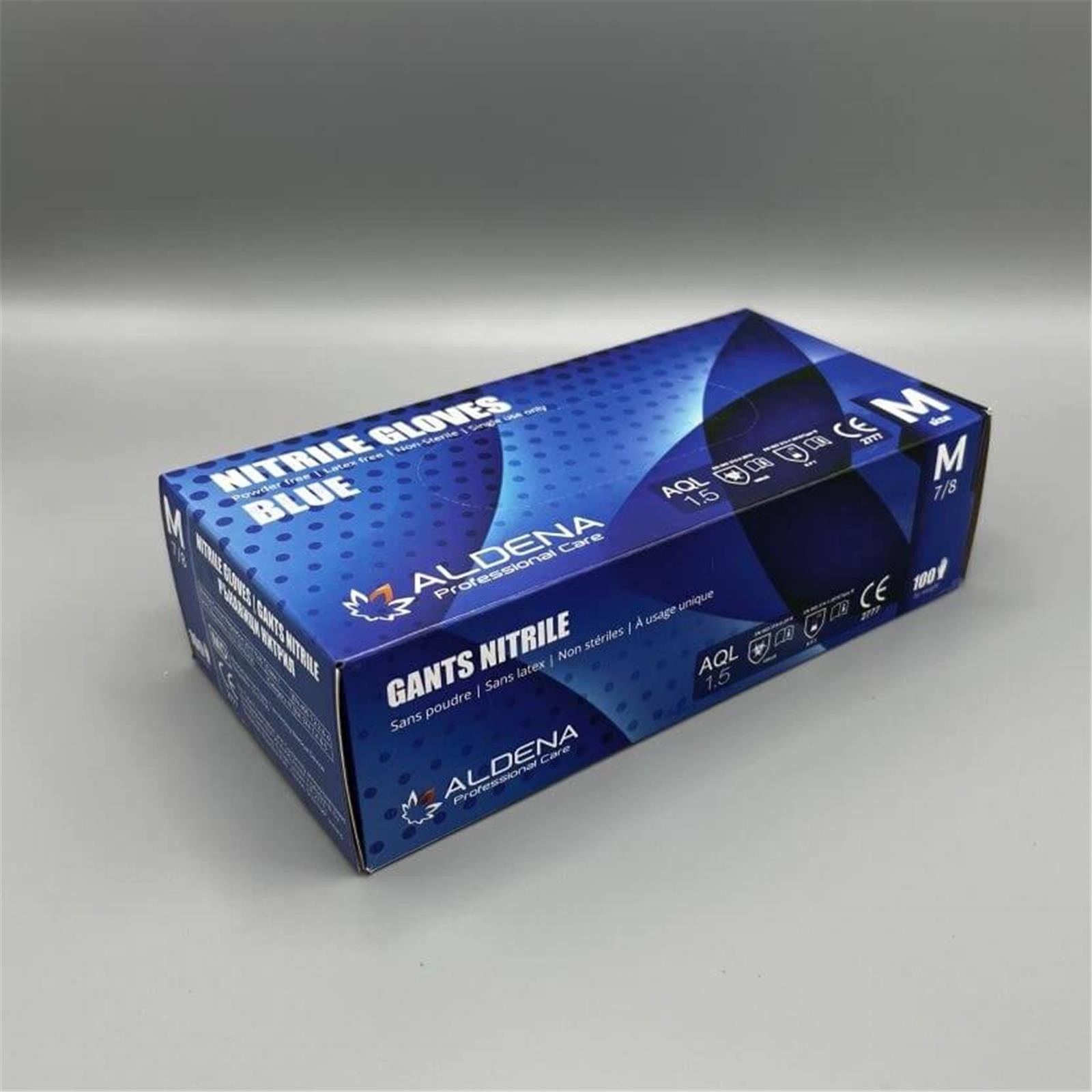 Verpackung der Aldena blauen Nitrilhandschuhe NRB32 mit 100 Einmalhandschuhen pro Box