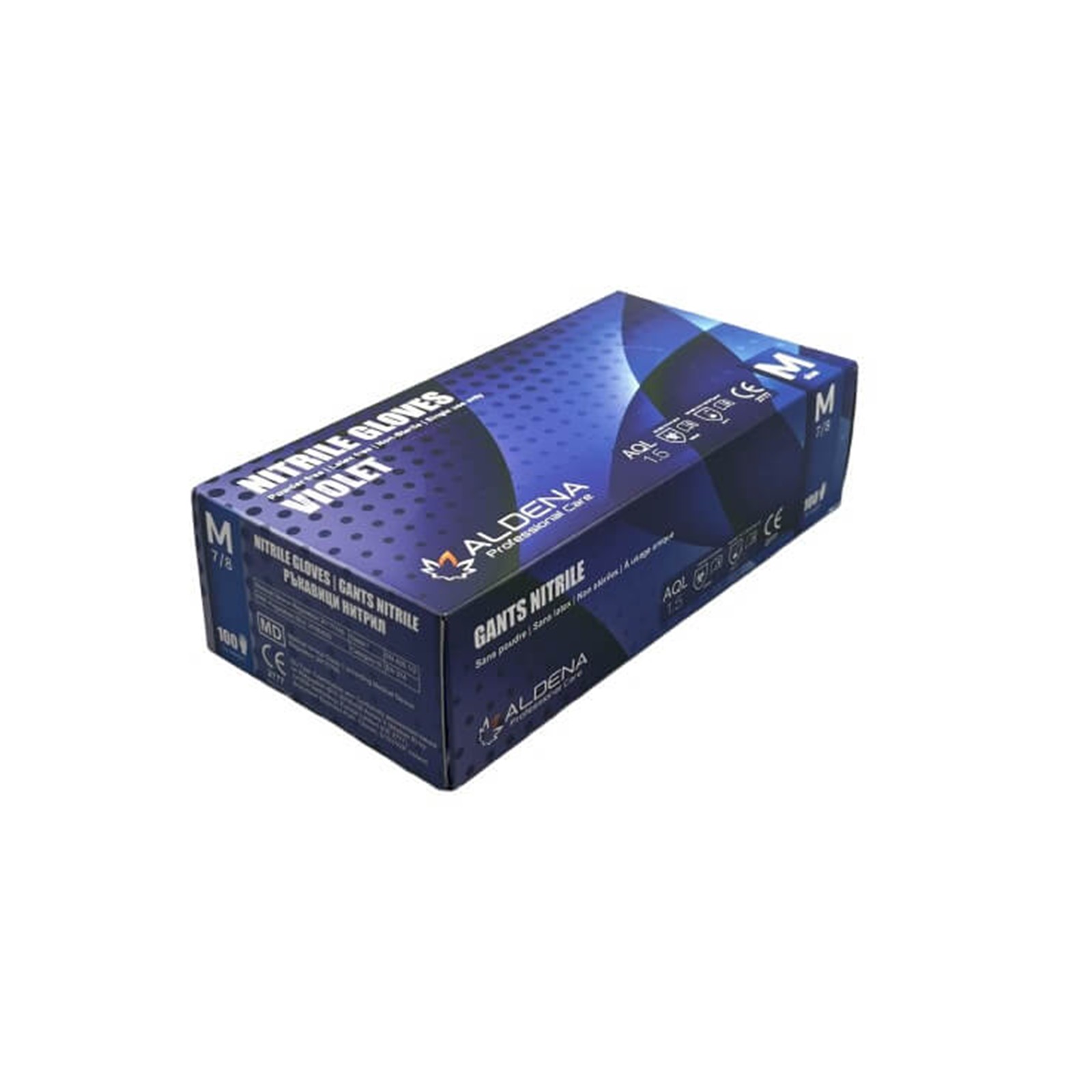 Verpackung der Aldena violetblauen Nitrilhandschuhe NVB40 mit 100 Einmalhandschuhen pro Box