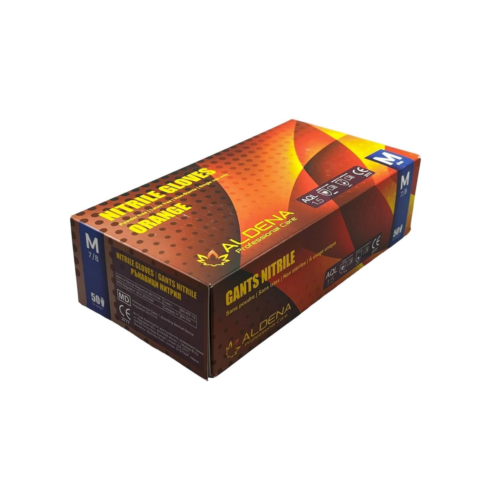 Verpackung der Aldena orangen Nitrilhandschuhe NOR30 mit Diamond Grip mit 100 Einmalhandschuhen pro Box