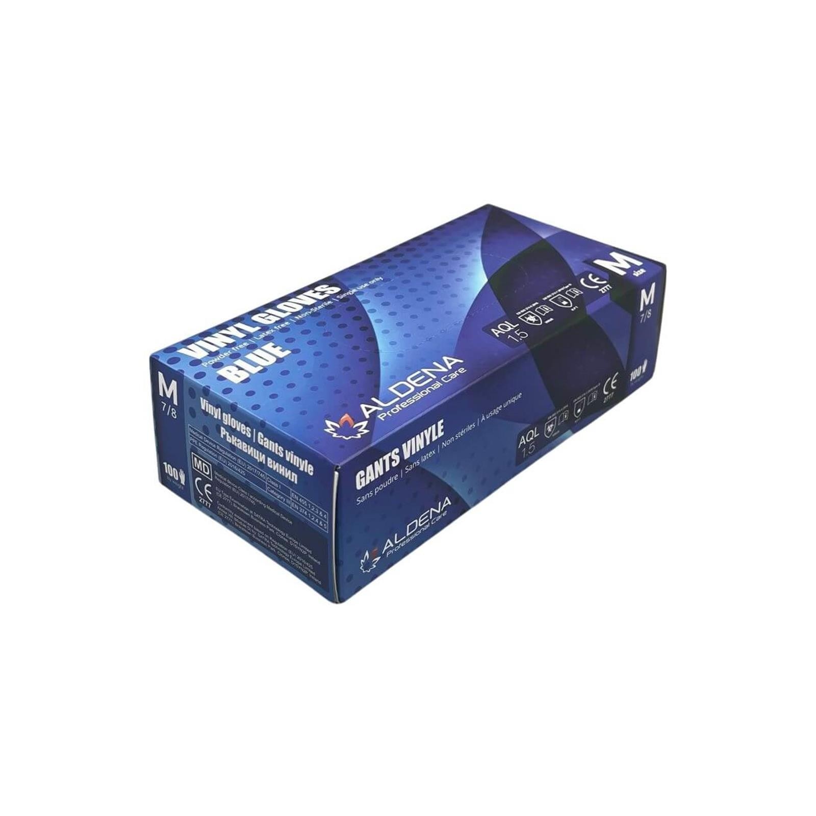 Verpackung der Aldena blauen Vinylhandschuhe VBL45 mit 100 Einmalhandschuhen pro Box