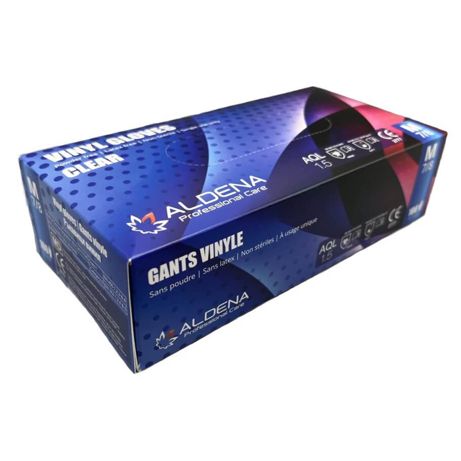 Verpackung der Aldena transparenten Vinylhandschuhe VL45 mit 100 Einmalhandschuhen pro Box