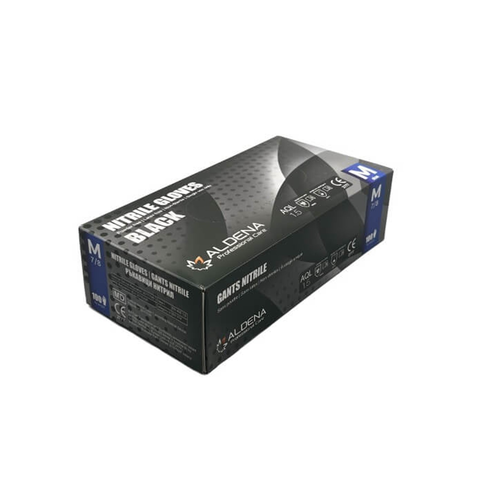Verpackung der Aldena schwarzen Nitrilhandschuhe NBK50 mit 100 extra dicken Einmalhandschuhen pro Box